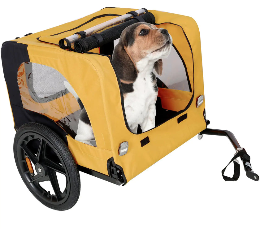 Bicycle pet trailer, small to large dogs weighing up to 88 pounds, folding frame carrier, quick release wheels, universal bicycle coupler