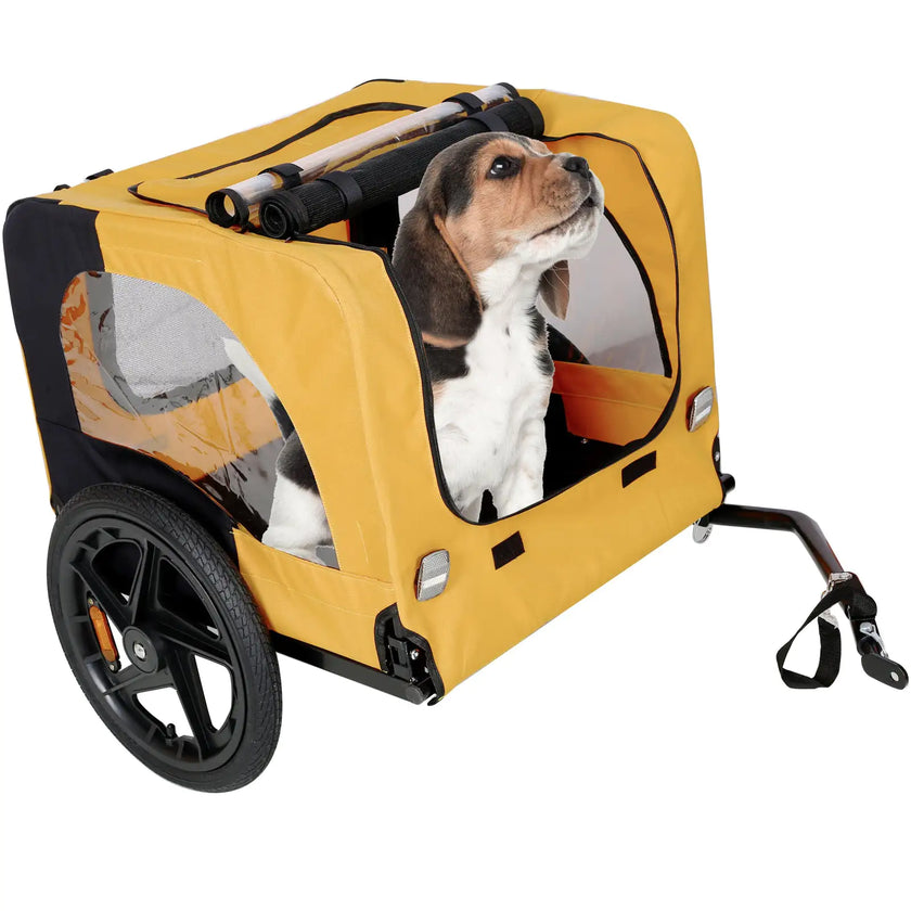 Bicycle pet trailer, small to large dogs weighing up to 88 pounds, folding frame carrier, quick release wheels, universal bicycle coupler