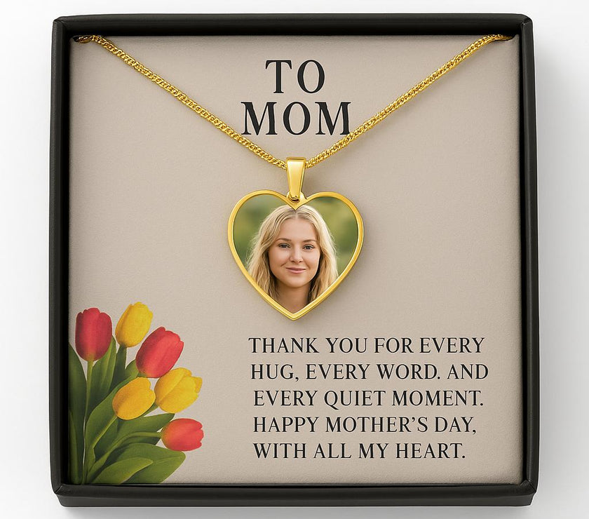 Custom Photo Necklace for Mom – Heart Pendant with Tulip Card that says "Thank you for every hug, every word, and every quiet moment.  Happy Mother's Day, With all my Heart"