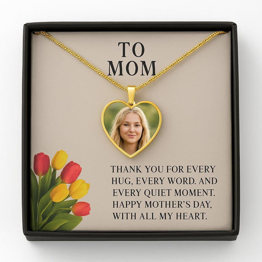 Custom Photo Necklace for Mom – Heart Pendant with Tulip Card that says "Thank you for every hug, every word, and every quiet moment.  Happy Mother's Day, With all my Heart"