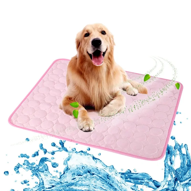 Dog sitting on pink Summer Cooling Pet Pad