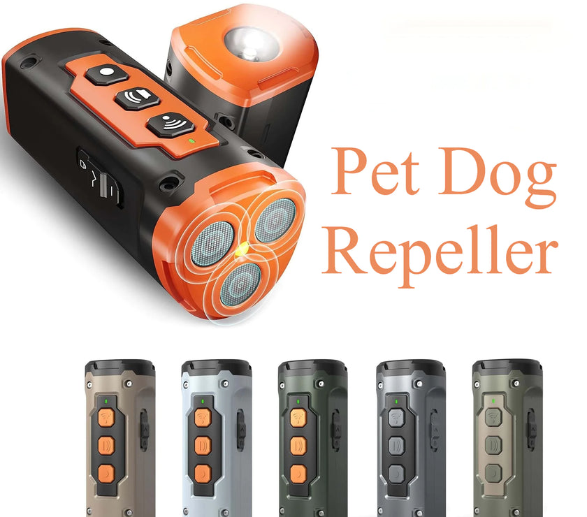 A series of handheld ultrasonic dog training device featuring three mesh speaker emitters, control buttons, and an integrated flashlight on top.