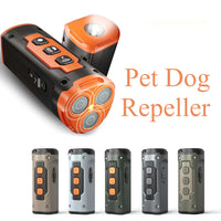 A series of handheld ultrasonic dog training device featuring three mesh speaker emitters, control buttons, and an integrated flashlight on top.