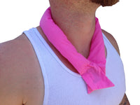 A man wearing a pink cooling neck wrap tied around her neck