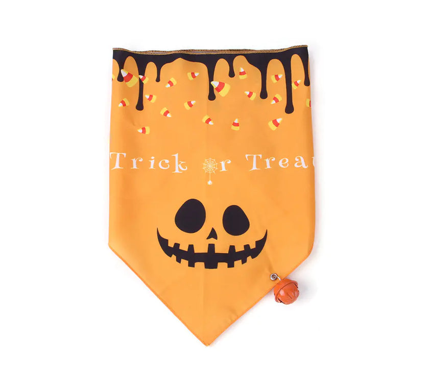 Halloween-themed bandana with a pumpkin face and 'Trick or Treat' text on an orange background.