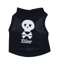 Black pet vest with white skull and crossbones design on a white background