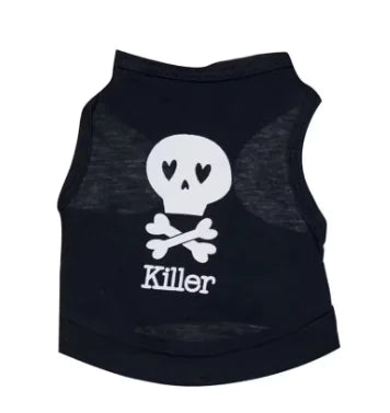 Black pet vest with white skull and crossbones design on a white background