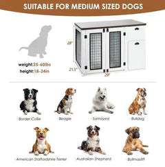 Dog kennel suitable for medium-sized dogs with dimensions and weight capacity displayed.
