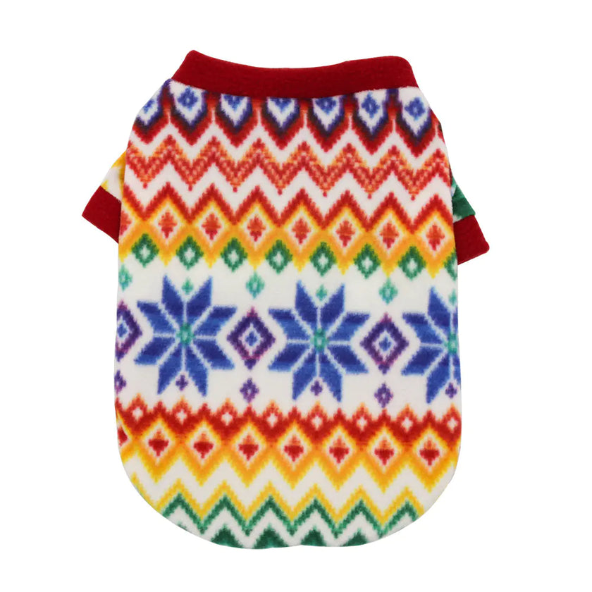 Colorful patterned dog sweater on a white background