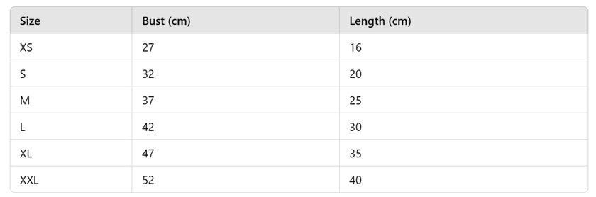 Table showing size chart for bust and length measurements.