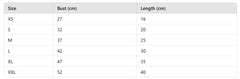 Table showing size chart for bust and length measurements.