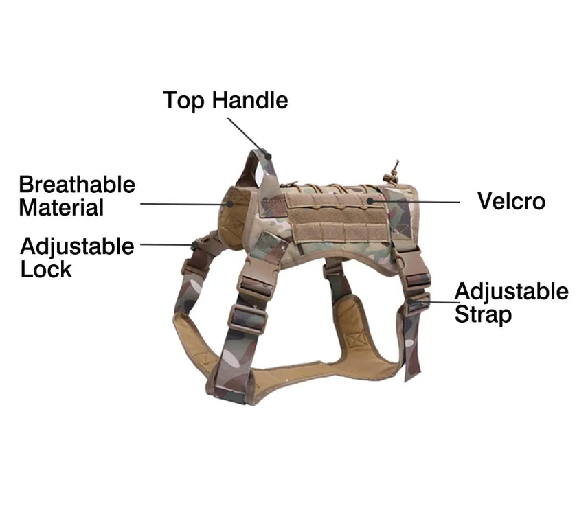 Nylon Tactical Dog Harness with Handle & Bungee Leash for Large Dogs