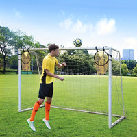 Person playing with a soccer ball on a small goal in a park