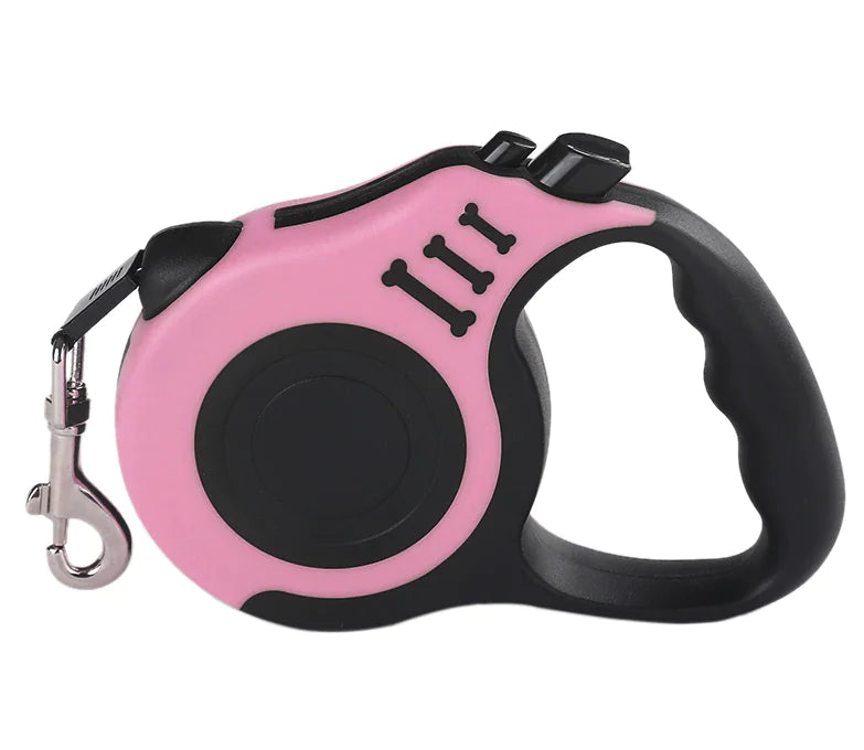 Pink and black retractable dog leash on a white background