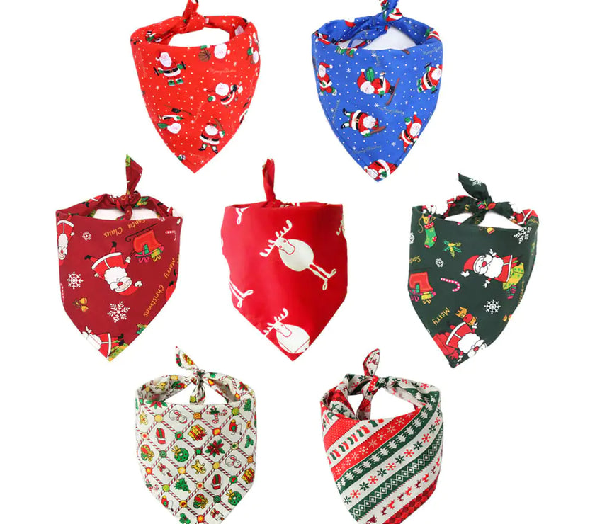 Set of Christmas-themed dog bandanas on a white background