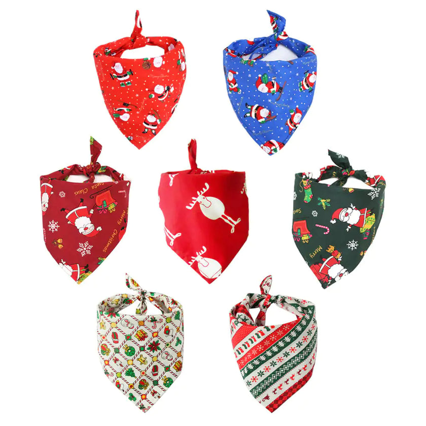 Set of Christmas-themed dog bandanas on a white background