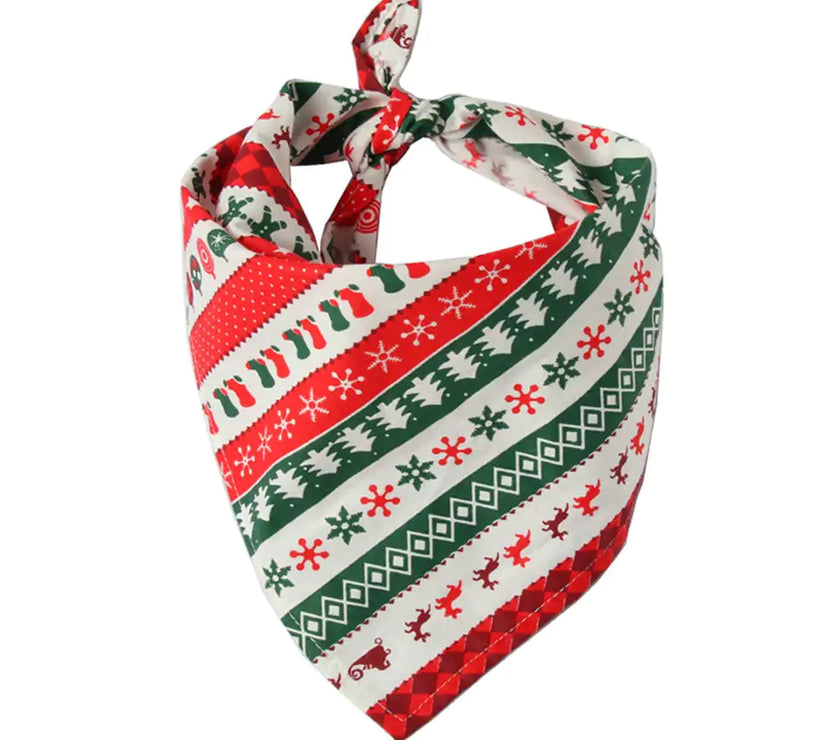 Christmas-themed bandana with red, green, and white patterns on a white background