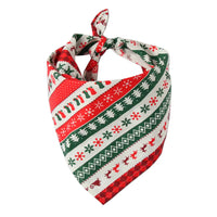 Christmas-themed bandana with red, green, and white patterns on a white background
