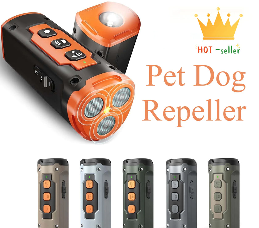 A series of handheld ultrasonic dog training device featuring three mesh speaker emitters, control buttons, and an integrated flashlight on top.