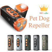 A series of handheld ultrasonic dog training device featuring three mesh speaker emitters, control buttons, and an integrated flashlight on top.