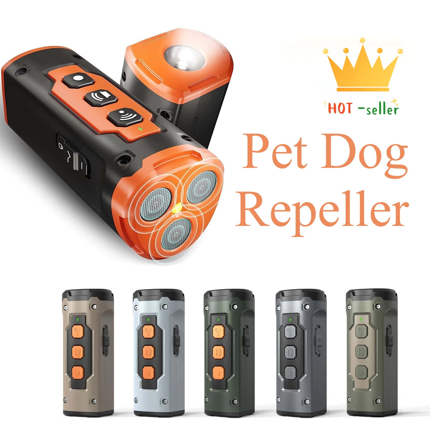 A series of handheld ultrasonic dog training device featuring three mesh speaker emitters, control buttons, and an integrated flashlight on top.