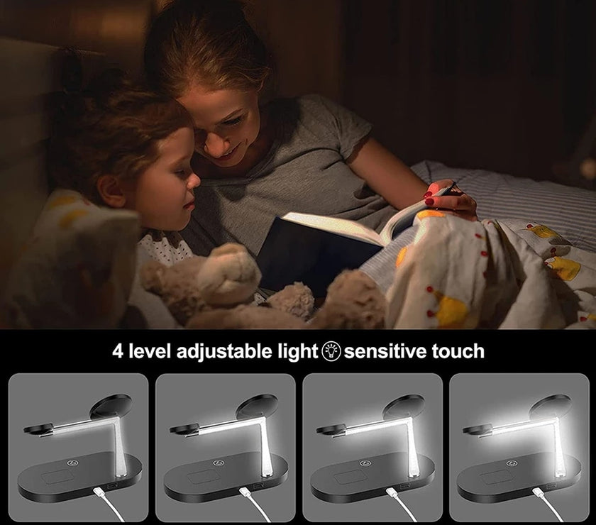 2 people reading in bed showing light sensitive touch of wireless charger stand