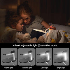 2 people reading in bed showing light sensitive touch of wireless charger stand