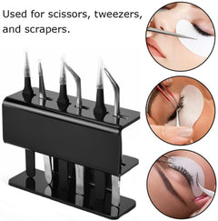 Acrylic Eyelash Tweezers Storage Holder- black  with  tweezers- also shows various uses 