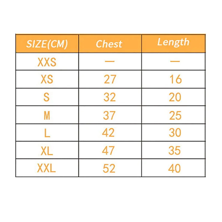 Soft Fleece Pet Dog Hoodie size chart